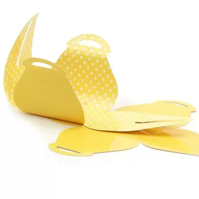 Caixa de embalagem dobrável amarela com bolinhas brancas