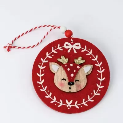 Enfeite de Natal redondo com rena e detalhes brancos e dourados