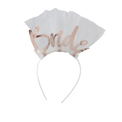 Aro de cabeça com véu e palavra Bride em dourado