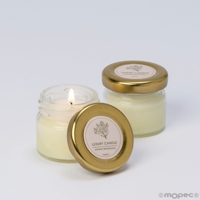 Dois frascos de vidro com velas brancas, tampas douradas, rótulo Luxury Candle Jasmine Fragrance