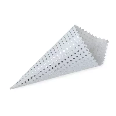 Cone de papel branco com padrão de pontos prateados e bordas em zig-zag
