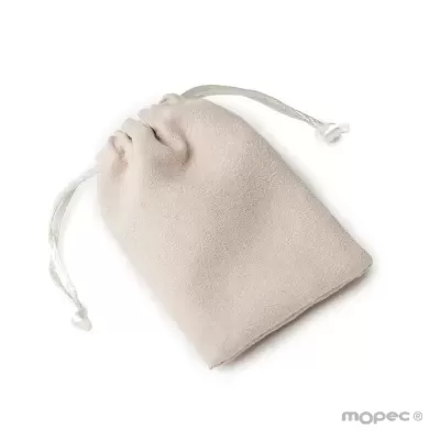 Saco de tecido bege claro com cordão branco para fecho