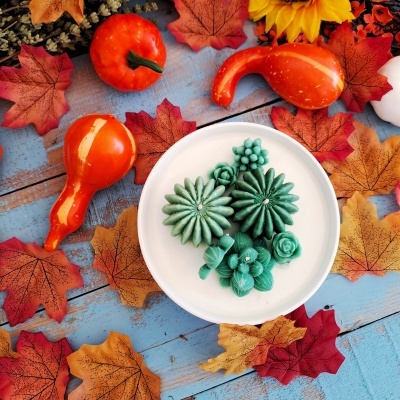 Flores verdes decorativas num prato branco rodeadas por folhas de outono e pequenas abóboras laranja sobre superfície azul
