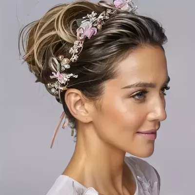Diadema floral decorativa usada num penteado feminino