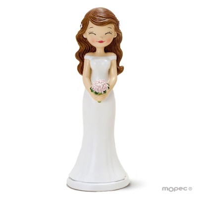 Figura decorativa de noiva com vestido branco e ramalhete de flores