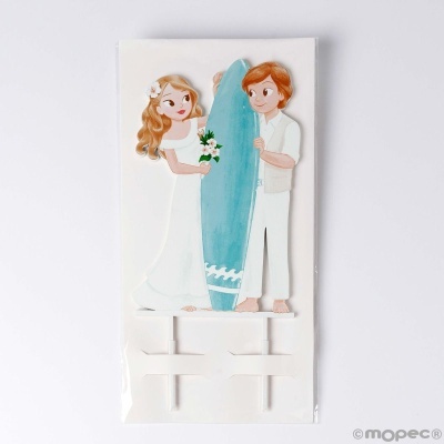 Topo de bolo noiva e noivo com prancha de surf azul