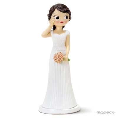 Figura decorativa de noiva com vestido branco texturizado e bouquet cor de rosa