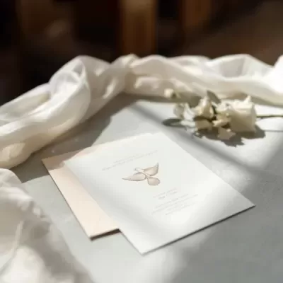 Convite branco com ilustração de pomba dourada e flores brancas