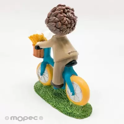 Figura decorativa de criança a andar de bicicleta com cesto de flores