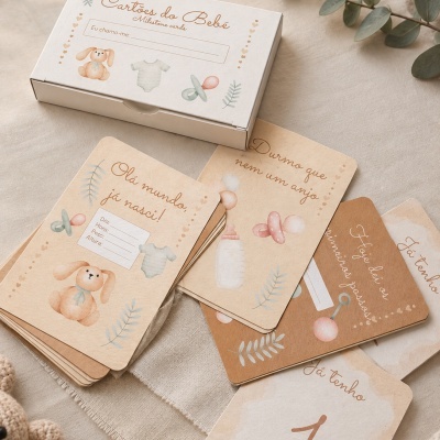 Conjunto de cartões milestone do bebé com ilustrações pastel e texto em português em fundo bege