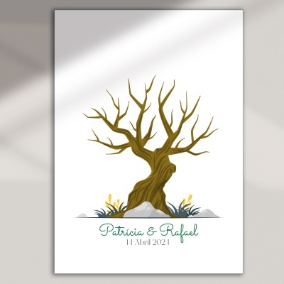 Poster branco com árvore castanha e texto verde 'Patrícia & Rafael' 11 Abril 2021