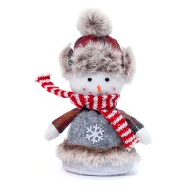 Boneco de neve decorativo com cachecol vermelho e branco e chapéu peludo