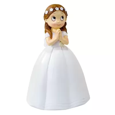 Figura decorativa de menina com vestido branco e coroa de flores