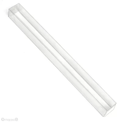 Caixa plástica transparente, longa e fina com tampa removível