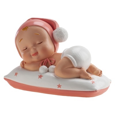 Figura decorativa de bebé a dormir com touca rosa e fralda branca