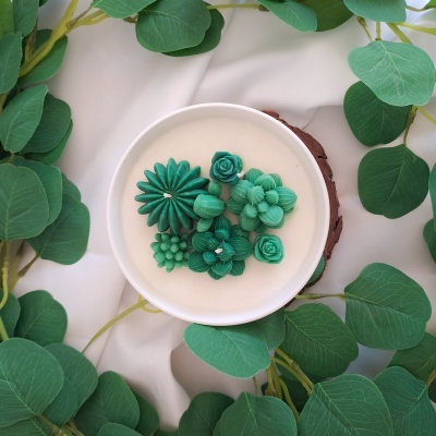 Bolo decorado com flores verdes em pasta de açúcar num prato branco com folhas verdes ao redor