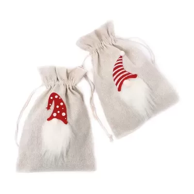 Dois sacos de tecido cinzento com decoração de gnomo com chapéu vermelho e barba branca