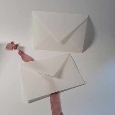 Dois envelopes brancos com fita rosa claro entre eles sobre fundo branco