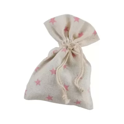 Saco de tecido branco com estrelas cor-de-rosa e cordão de fecho