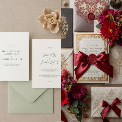 Dois conjuntos de convites de casamento, um com tons verdes claros e flor bege, outro com laços vermelhos, flores e detalhes dourados.