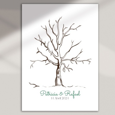 Cartaz com ilustração de árvore sem folhas e texto 'Patricia & Rafael 11 Abril 2021'