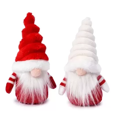 Duas figuras decorativas de duendes de Natal com gorros altos vermelhos e brancos