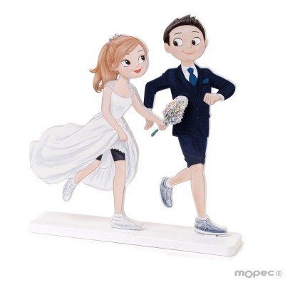 Figura decorativa de noivos em resina com vestido branco e fato azul