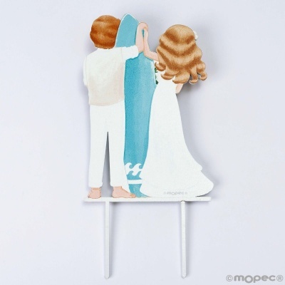 Topo de bolo casal com prancha de surf azul