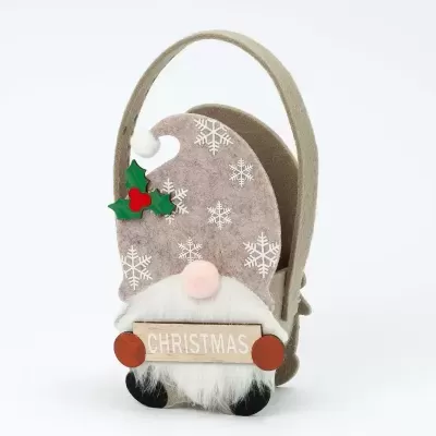Mala decorativa de Natal em forma de duende com chapéu cinza e barba branca