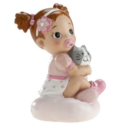 Figura decorativa de menina com chupeta e gato sentado numa nuvem