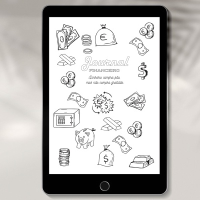 Tablet preto mostrando ilustrações financeiras com texto em português.