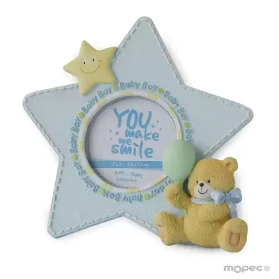 Moldura estrela azul com ursinho amarelo e estrela sorridente, texto 'YOU make me SMILE'