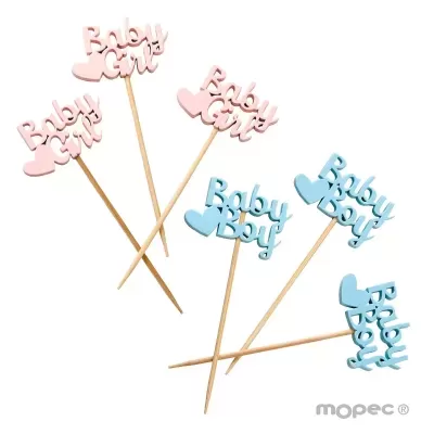 Toppers para bolos em madeira rosa e azul com texto 'Baby Girl' e 'Baby Boy'