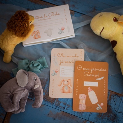 Peluches de leão, girafa e elefante com cartões de bebé e diário sobre mesa azul