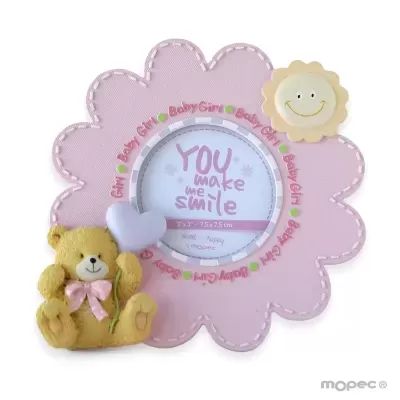 Moldura de foto rosa em forma de flor com ursinho e sol sorridente