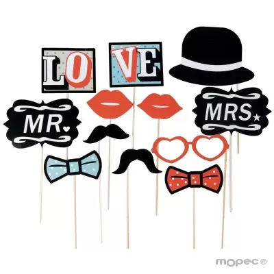 Acessórios para fotos com textos MR., MRS., LOVE, bigodes, chapéu e laços coloridos