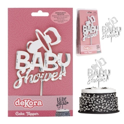 Cake topper branco com texto BABY Shower em plástico com embalagem rosa