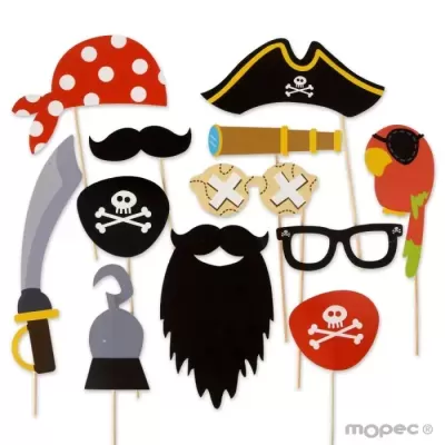 Adereços de pirata para festa com lenço, bigode, tapa-olho, sabre, gancho, barba, chapéu, telescópio, ossos cruzados, óculos e papagaio colorido