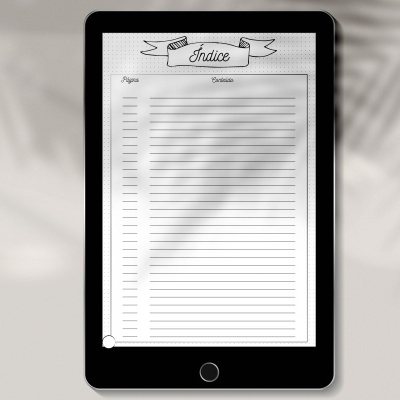 Tablet preto exibindo página de índice com título 'Índice' e colunas para página e disciplina