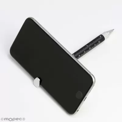 Suporte de telemóvel em metal prateado com medidor preto