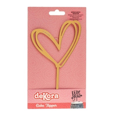 Cake topper dourado em forma de coração em embalagem rosa com texto deKora Cake Topper
