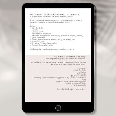 Tablet preto com texto sobre papelaria de casamento em português e inglês