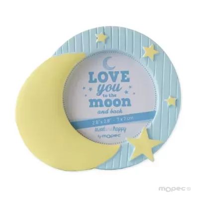 Moldura azul e amarela com lua e estrelas e texto decorativo central.