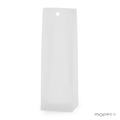 Saco de plástico translúcido branco retangular com furo superior e logótipo mopec®