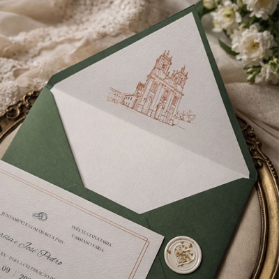 Convite de casamento com envelope verde e selo de cera branco