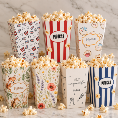 Sete caixas decorativas de papel cheias de pipocas sobre superfície de mármore
