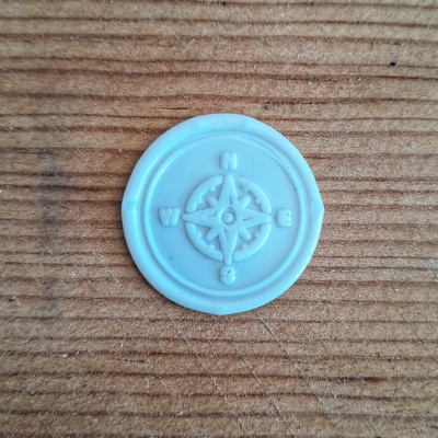 moeda branca com rosa dos ventos sobre madeira clara