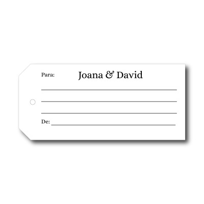 Etiqueta branca para presente com texto 'Para: Joana & David' e 'De:'