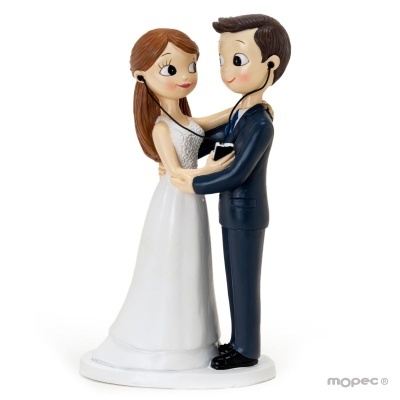 Figuras decorativas de noiva e noivo com estetoscópio, em resina