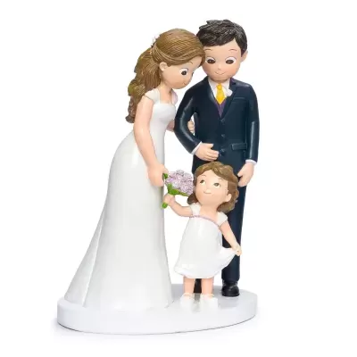 Figura decorativa de casal de noivos com criança numa base branca